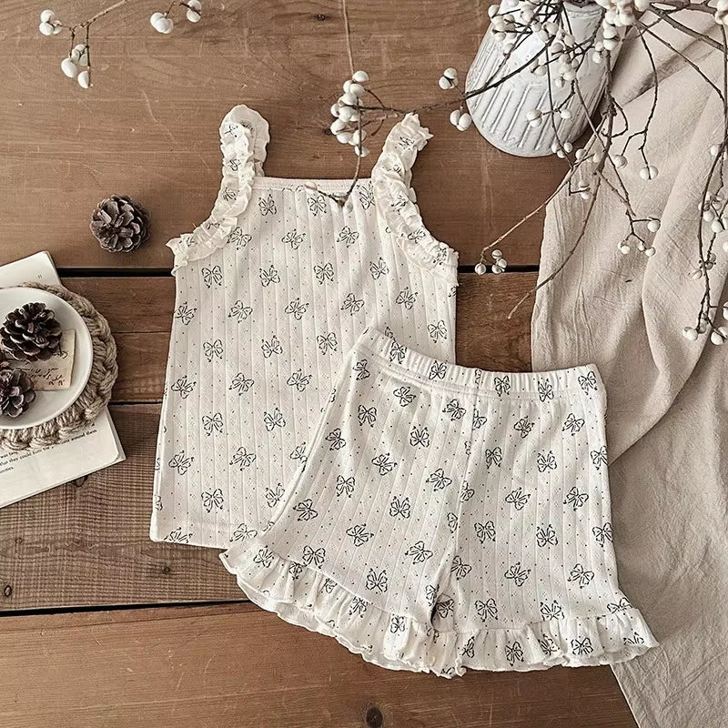 2025 Summer 2PCS Korean Ruffled Sleeveless Knitted Suspender Floral Clothing Set for 0-4 Years 100% Cotton Chic Straps Vest Suit