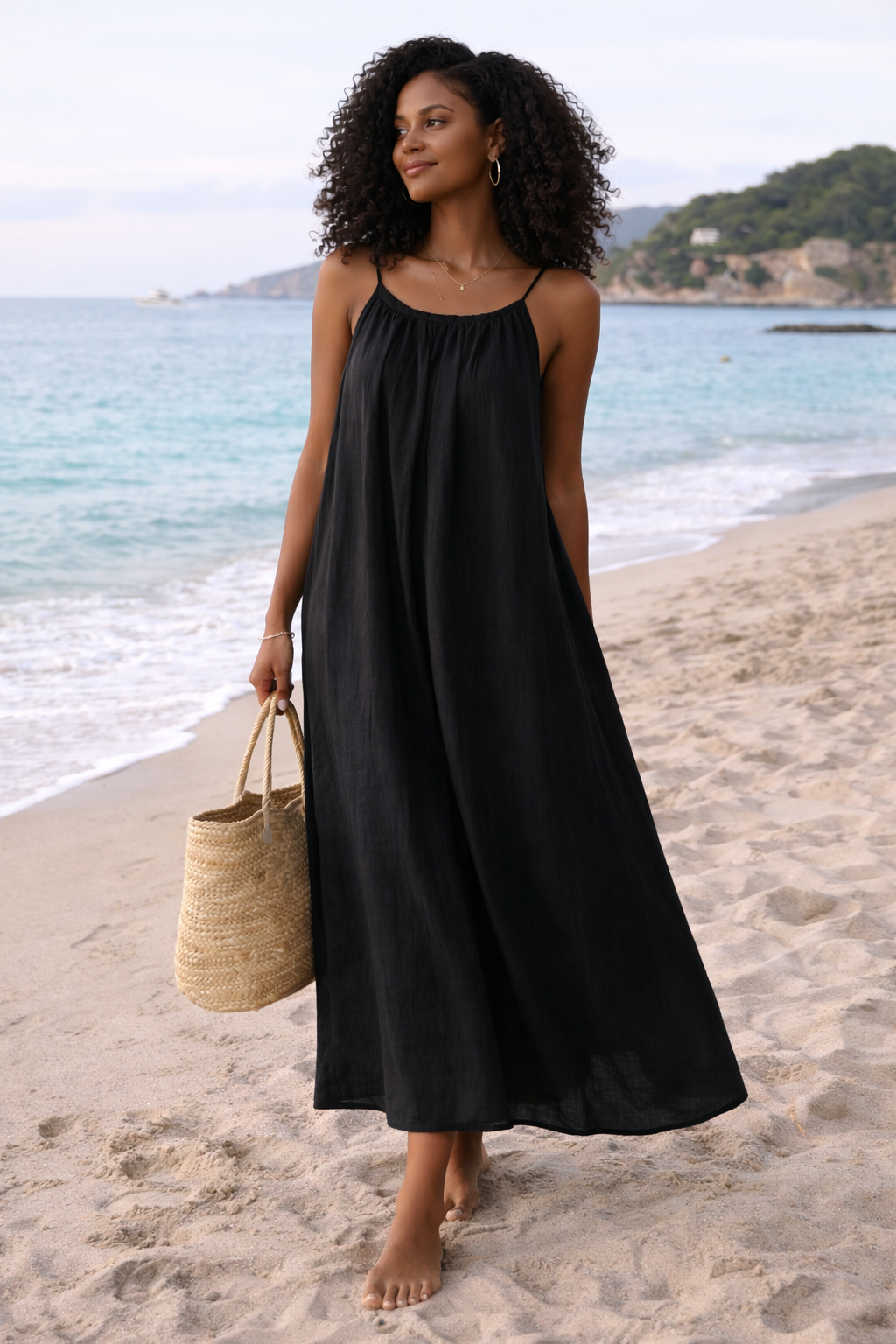 Robe longue fluide, tissu léger effet lin.