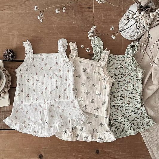2025 Summer 2PCS Korean Ruffled Sleeveless Knitted Suspender Floral Clothing Set for 0-4 Years 100% Cotton Chic Straps Vest Suit
