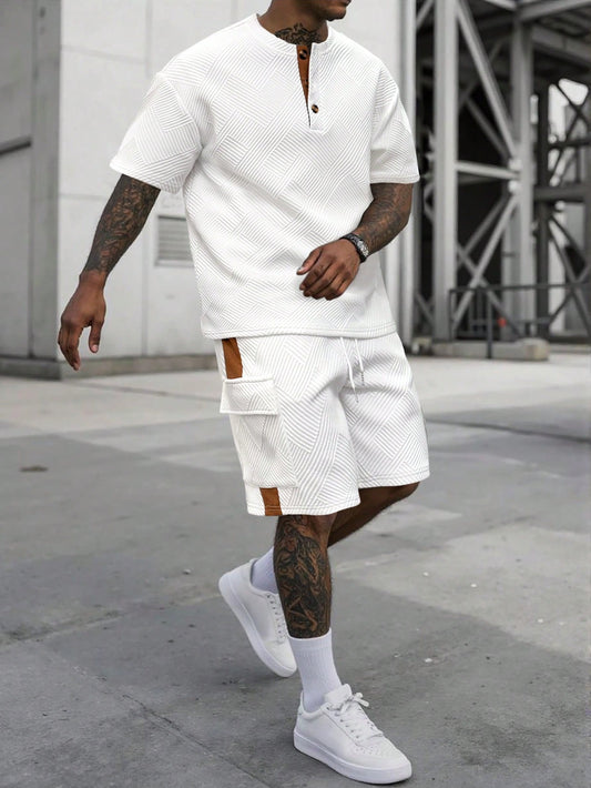 Ensemble homme col contrasté – T-shirt texturé & short cargo léger