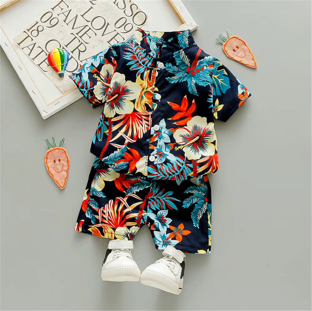 Boys' Bohemian Summer Floral Print Outfit Set - Short Sleeve Shirt and Shorts for Ages 0-5 Years
