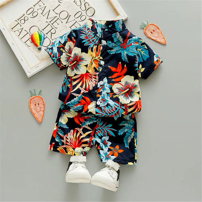 Boys' Bohemian Summer Floral Print Outfit Set - Short Sleeve Shirt and Shorts for Ages 0-5 Years
