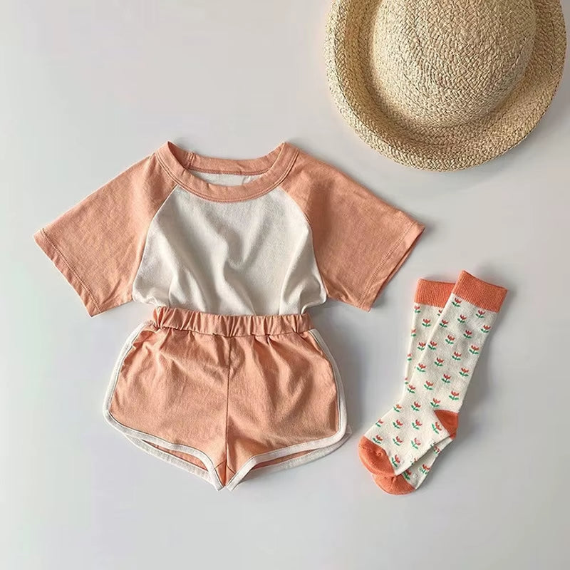 Kids Clothes Girls Sets 2025 Summer Short Sleeve Patchwork T-Shirts+ Shorts Suits Outfits Loungewear Baby Boys Clothing Sets