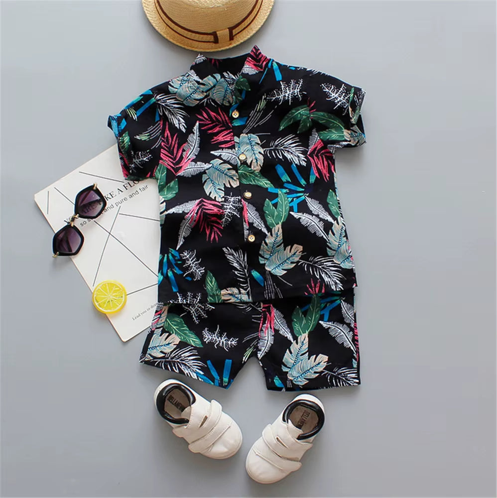 Boys' Bohemian Summer Floral Print Outfit Set - Short Sleeve Shirt and Shorts for Ages 0-5 Years