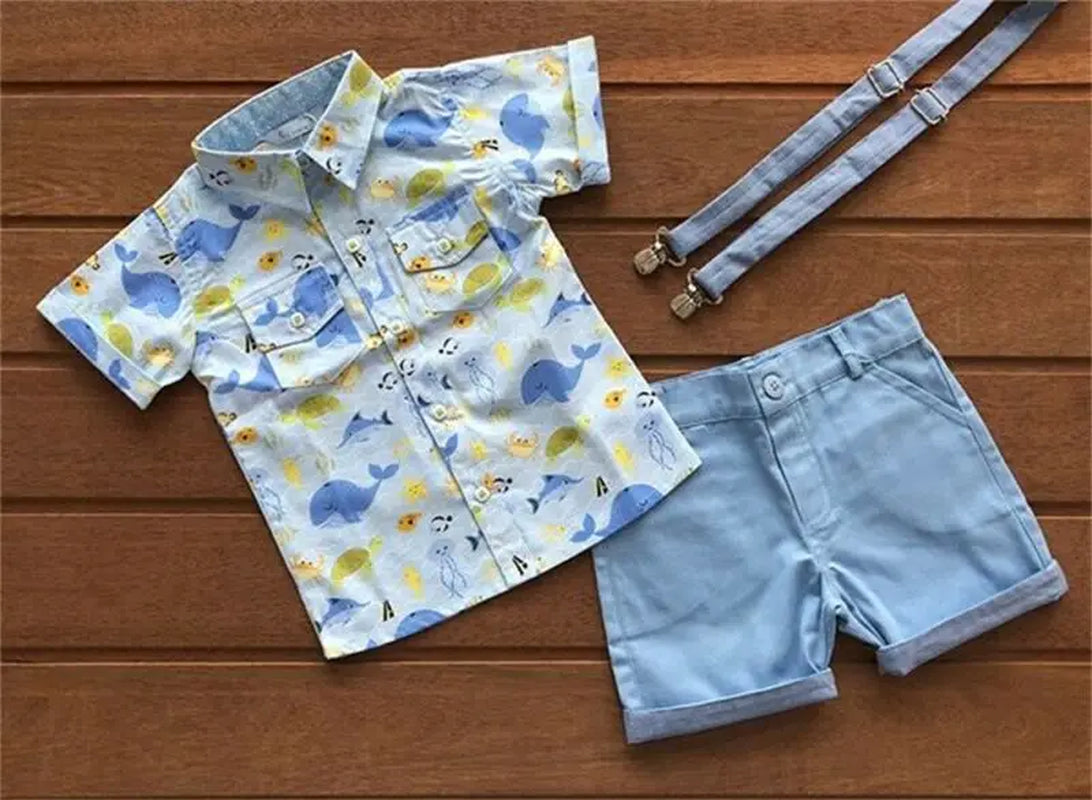 Boys' Ocean-Themed Clothing Set with Whale and Jellyfish Print Shirt and Blue Shorts, Ages 1-5