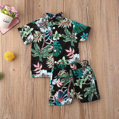 Boys' Bohemian Summer Floral Print Outfit Set - Short Sleeve Shirt and Shorts for Ages 0-5 Years