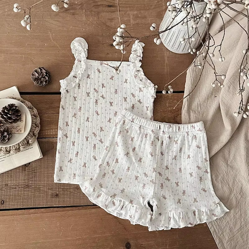 2025 Summer 2PCS Korean Ruffled Sleeveless Knitted Suspender Floral Clothing Set for 0-4 Years 100% Cotton Chic Straps Vest Suit