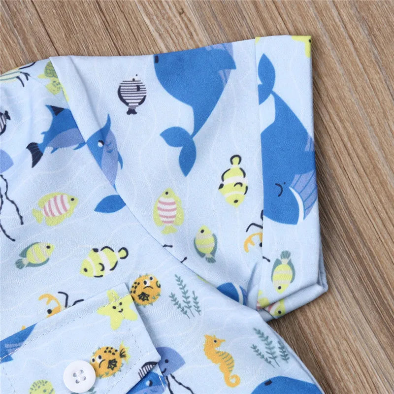 Boys' Ocean-Themed Clothing Set with Whale and Jellyfish Print Shirt and Blue Shorts, Ages 1-5