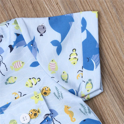Boys' Ocean-Themed Clothing Set with Whale and Jellyfish Print Shirt and Blue Shorts, Ages 1-5