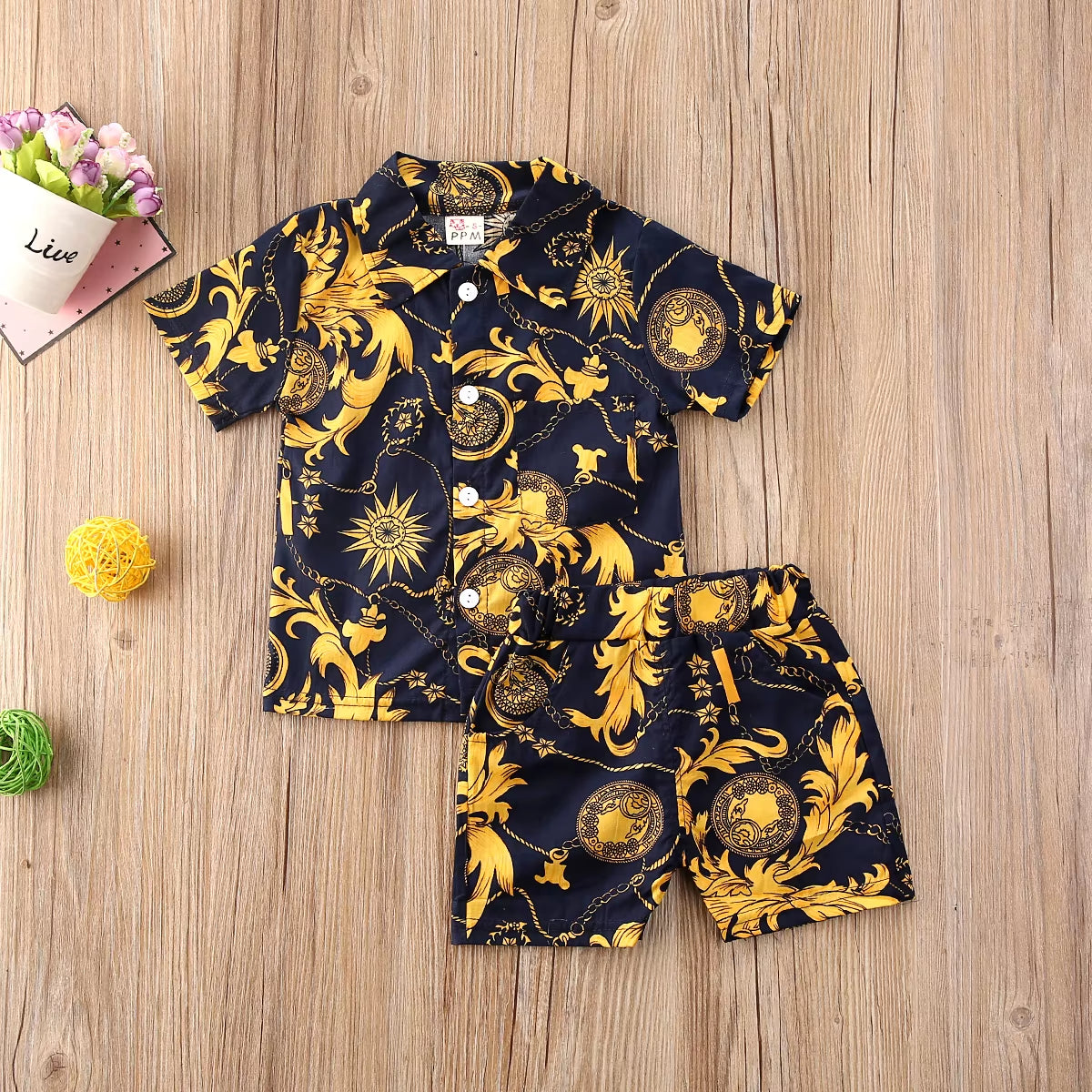 Boys' Bohemian Summer Floral Print Outfit Set - Short Sleeve Shirt and Shorts for Ages 0-5 Years