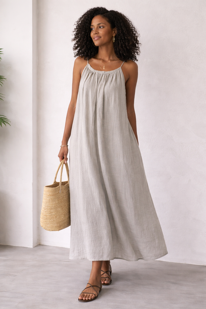 Robe longue fluide, tissu léger effet lin.