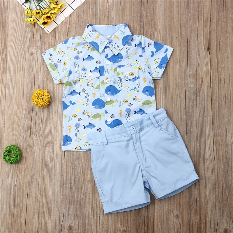 Boys' Ocean-Themed Clothing Set with Whale and Jellyfish Print Shirt and Blue Shorts, Ages 1-5