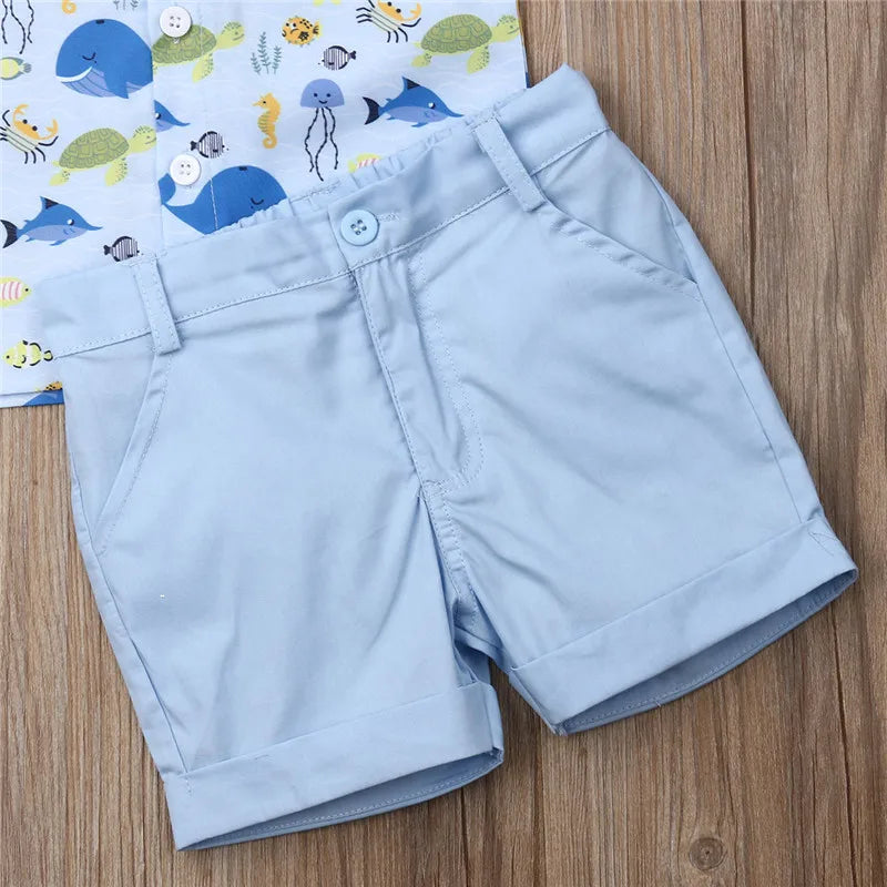 Boys' Ocean-Themed Clothing Set with Whale and Jellyfish Print Shirt and Blue Shorts, Ages 1-5