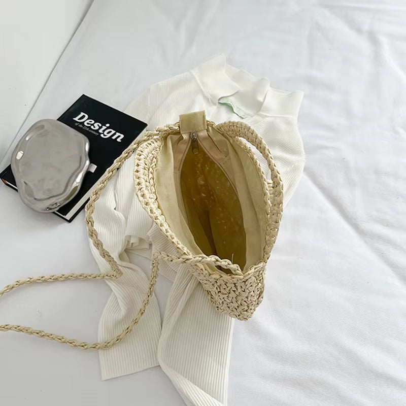 Round Straw Crossbody Bag Handmade Woven Shoulder Bag for Women Summer Beach Bag Bohemia Travel Small Handbag and Purse