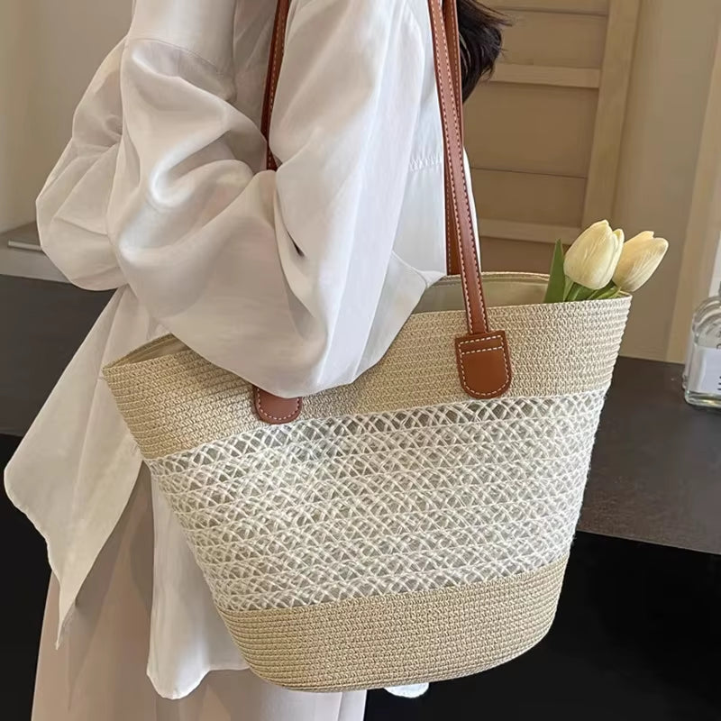 2025 New Beach Seaside Handbag Women'S Summer Straw Bag Inswind Outdoor Travel Vacation Beach Bag Large Capacity Shoulder Bag