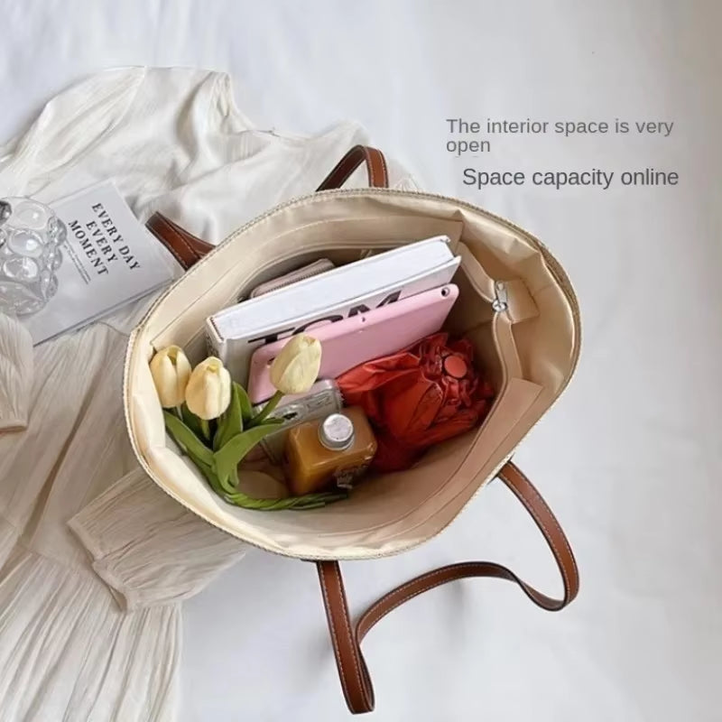 2025 New Beach Seaside Handbag Women'S Summer Straw Bag Inswind Outdoor Travel Vacation Beach Bag Large Capacity Shoulder Bag