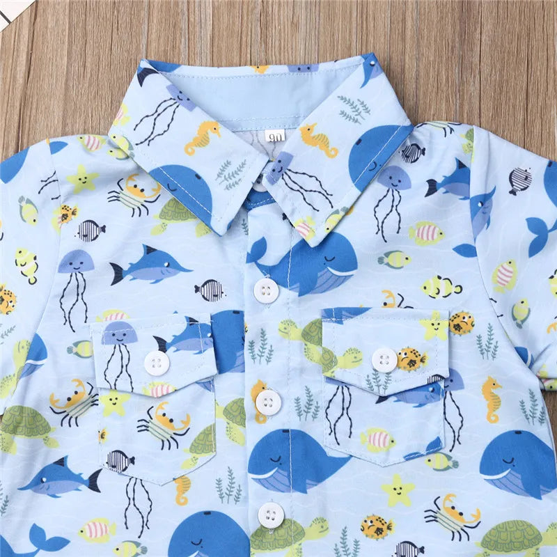 Boys' Ocean-Themed Clothing Set with Whale and Jellyfish Print Shirt and Blue Shorts, Ages 1-5