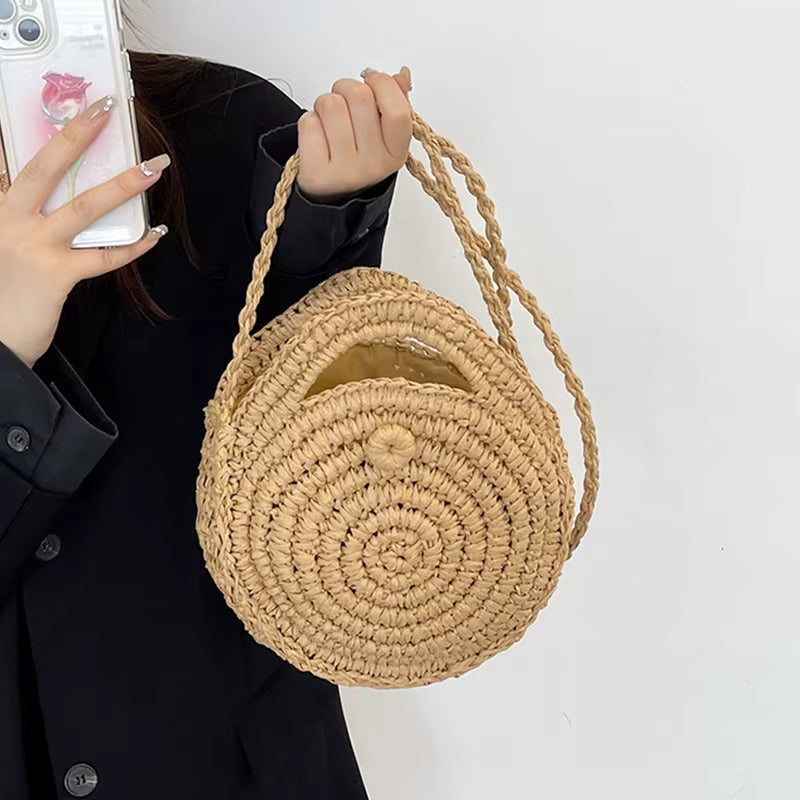Round Straw Crossbody Bag Handmade Woven Shoulder Bag for Women Summer Beach Bag Bohemia Travel Small Handbag and Purse
