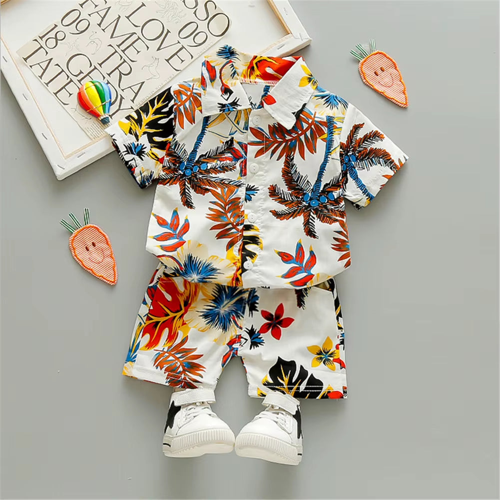 Boys' Bohemian Summer Floral Print Outfit Set - Short Sleeve Shirt and Shorts for Ages 0-5 Years
