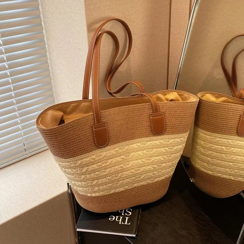 2025 New Beach Seaside Handbag Women'S Summer Straw Bag Inswind Outdoor Travel Vacation Beach Bag Large Capacity Shoulder Bag