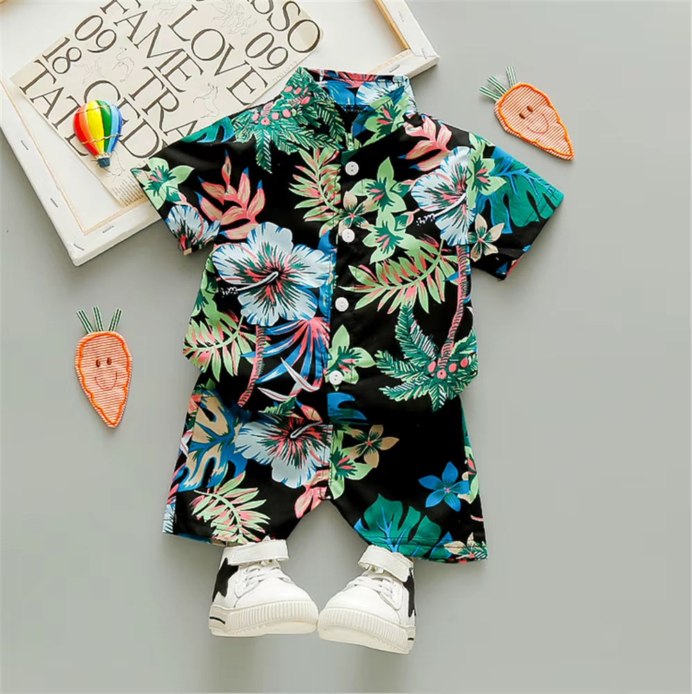 Boys' Bohemian Summer Floral Print Outfit Set - Short Sleeve Shirt and Shorts for Ages 0-5 Years
