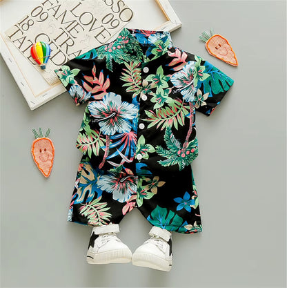 Boys' Bohemian Summer Floral Print Outfit Set - Short Sleeve Shirt and Shorts for Ages 0-5 Years
