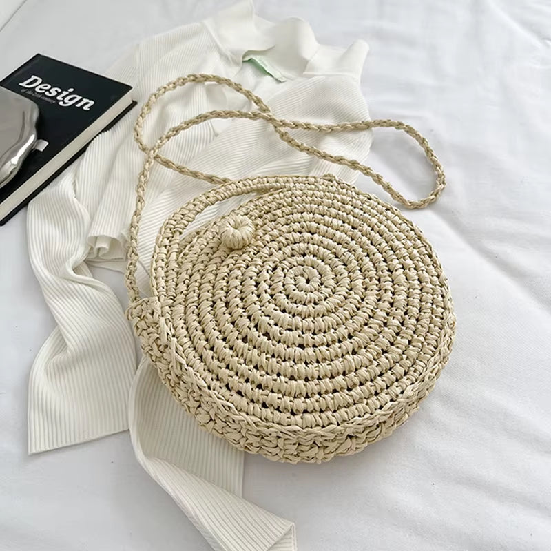 Round Straw Crossbody Bag Handmade Woven Shoulder Bag for Women Summer Beach Bag Bohemia Travel Small Handbag and Purse