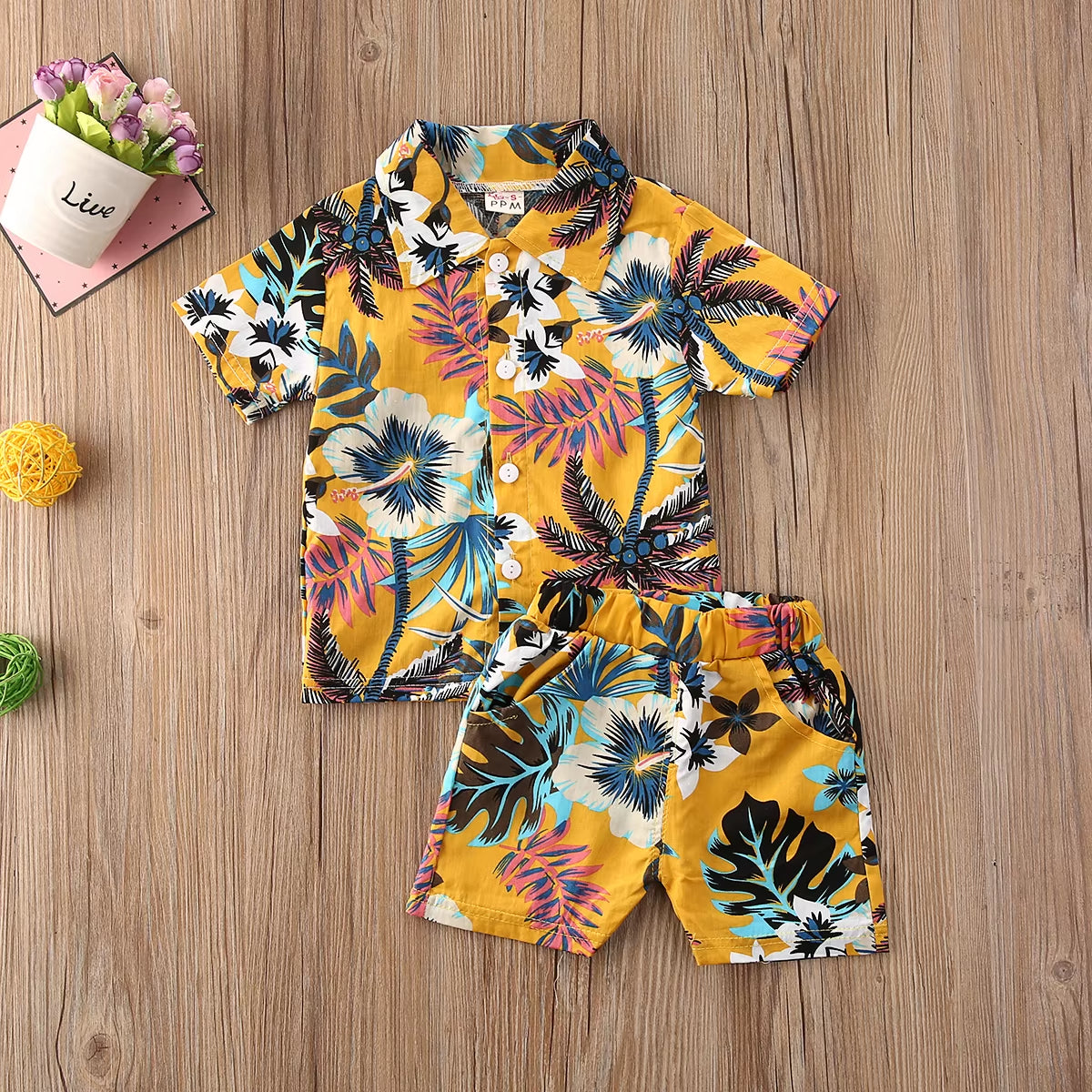Boys' Bohemian Summer Floral Print Outfit Set - Short Sleeve Shirt and Shorts for Ages 0-5 Years