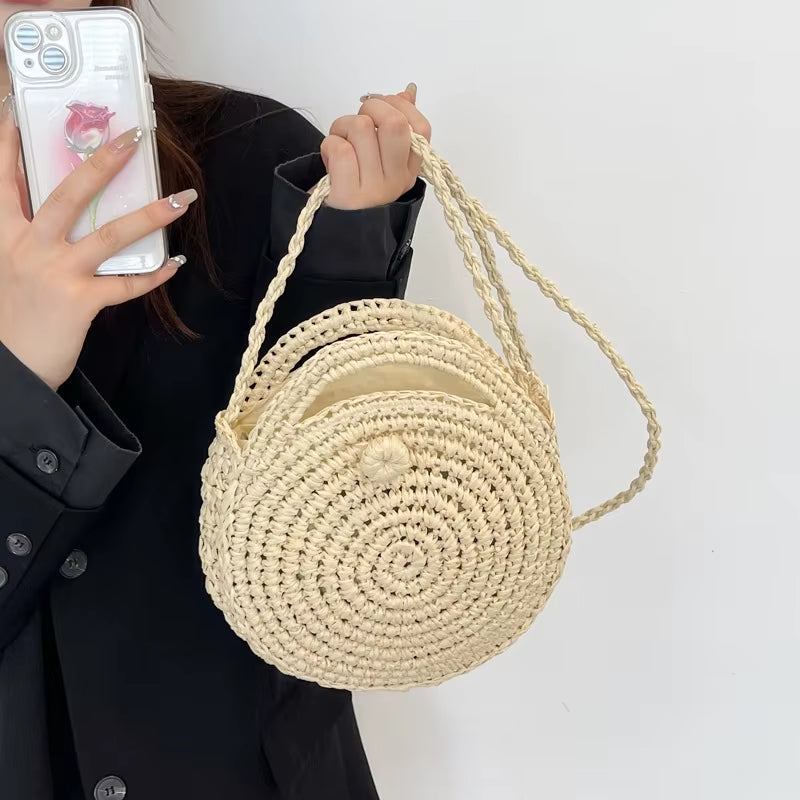 Round Straw Crossbody Bag Handmade Woven Shoulder Bag for Women Summer Beach Bag Bohemia Travel Small Handbag and Purse