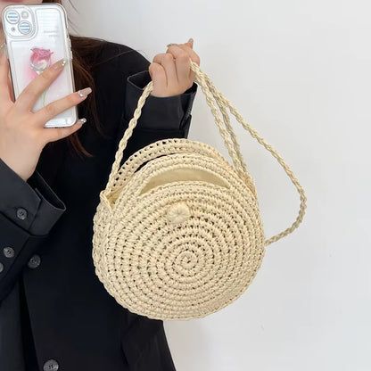 Round Straw Crossbody Bag Handmade Woven Shoulder Bag for Women Summer Beach Bag Bohemia Travel Small Handbag and Purse
