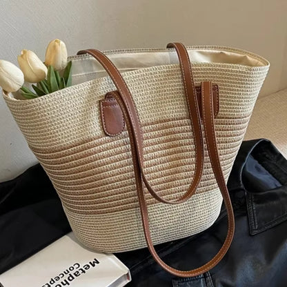 2025 New Beach Seaside Handbag Women'S Summer Straw Bag Inswind Outdoor Travel Vacation Beach Bag Large Capacity Shoulder Bag
