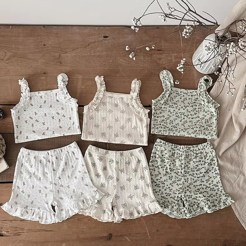 2025 Summer 2PCS Korean Ruffled Sleeveless Knitted Suspender Floral Clothing Set for 0-4 Years 100% Cotton Chic Straps Vest Suit