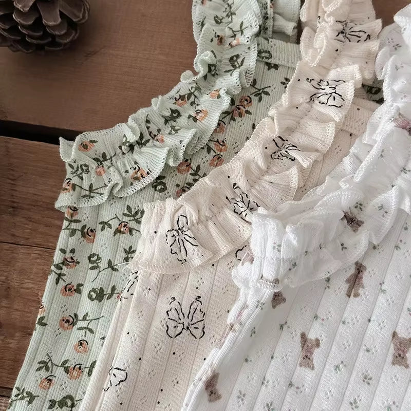 2025 Summer 2PCS Korean Ruffled Sleeveless Knitted Suspender Floral Clothing Set for 0-4 Years 100% Cotton Chic Straps Vest Suit