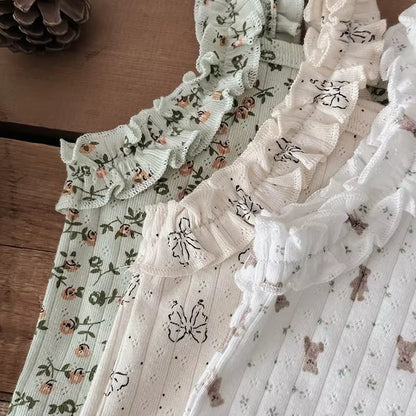 2025 Summer 2PCS Korean Ruffled Sleeveless Knitted Suspender Floral Clothing Set for 0-4 Years 100% Cotton Chic Straps Vest Suit