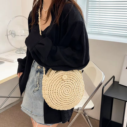 Round Straw Crossbody Bag Handmade Woven Shoulder Bag for Women Summer Beach Bag Bohemia Travel Small Handbag and Purse