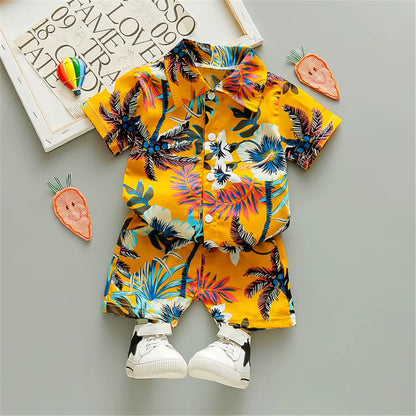Boys' Bohemian Summer Floral Print Outfit Set - Short Sleeve Shirt and Shorts for Ages 0-5 Years
