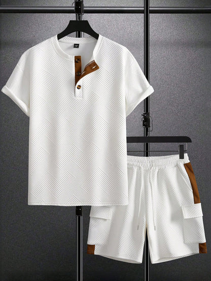 Ensemble homme col contrasté – T-shirt texturé & short cargo léger