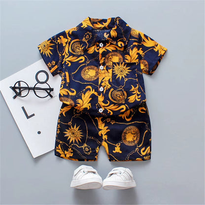 Boys' Bohemian Summer Floral Print Outfit Set - Short Sleeve Shirt and Shorts for Ages 0-5 Years
