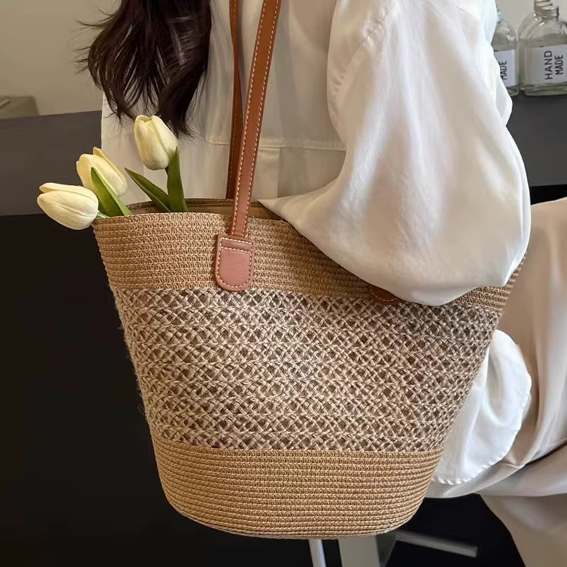 2025 New Beach Seaside Handbag Women'S Summer Straw Bag Inswind Outdoor Travel Vacation Beach Bag Large Capacity Shoulder Bag