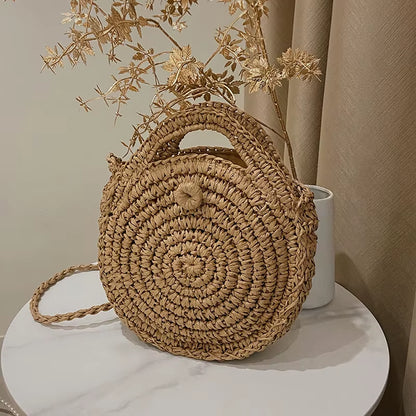 Round Straw Crossbody Bag Handmade Woven Shoulder Bag for Women Summer Beach Bag Bohemia Travel Small Handbag and Purse