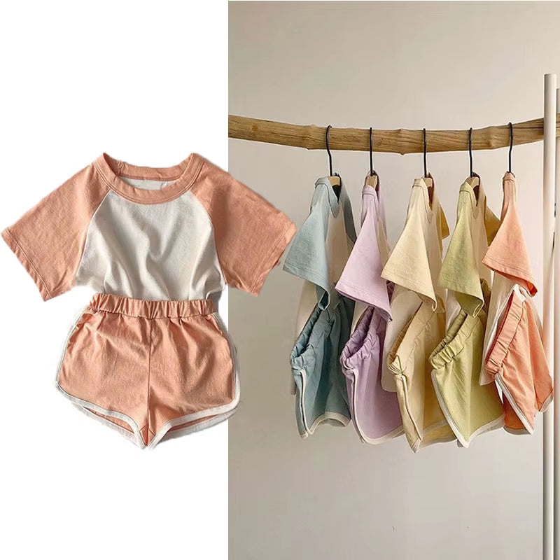 Kids Clothes Girls Sets 2025 Summer Short Sleeve Patchwork T-Shirts+ Shorts Suits Outfits Loungewear Baby Boys Clothing Sets