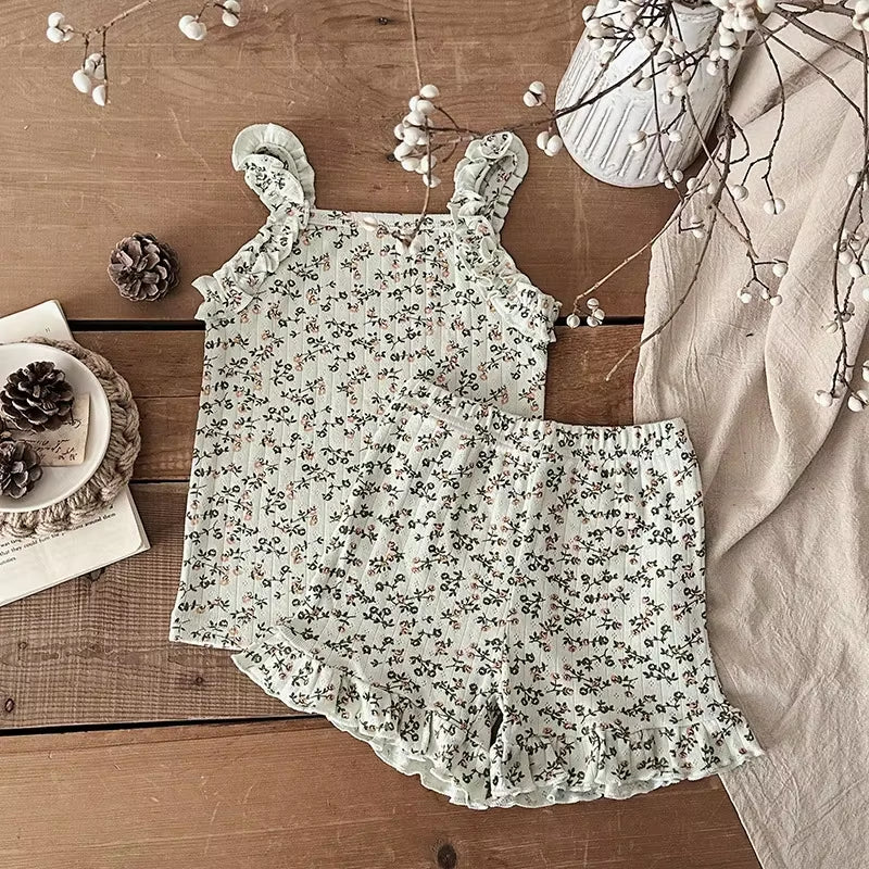 2025 Summer 2PCS Korean Ruffled Sleeveless Knitted Suspender Floral Clothing Set for 0-4 Years 100% Cotton Chic Straps Vest Suit