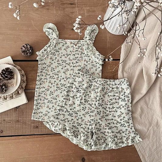 2025 Summer 2PCS Korean Ruffled Sleeveless Knitted Suspender Floral Clothing Set for 0-4 Years 100% Cotton Chic Straps Vest Suit
