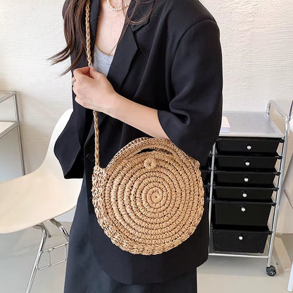 Round Straw Crossbody Bag Handmade Woven Shoulder Bag for Women Summer Beach Bag Bohemia Travel Small Handbag and Purse