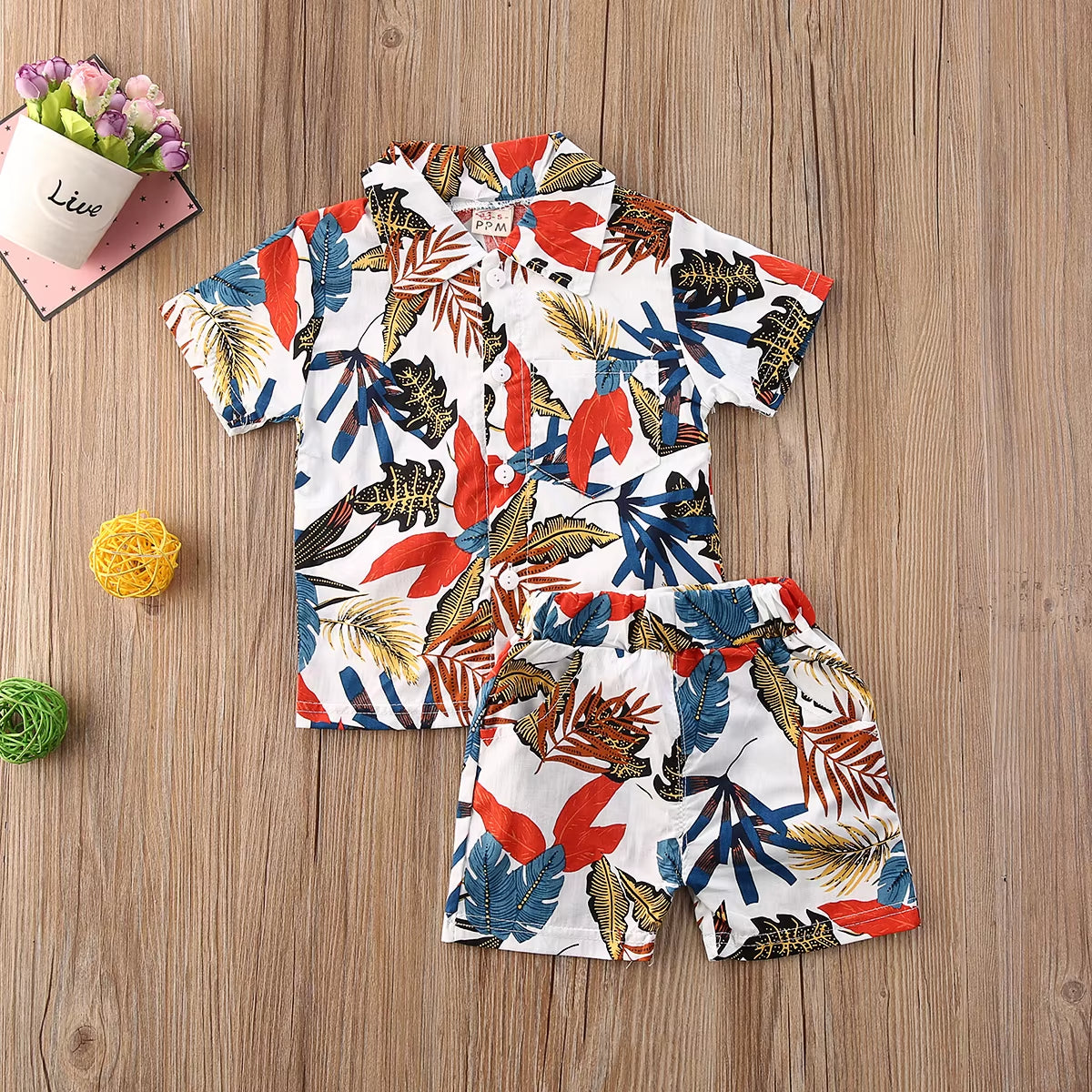 Boys' Bohemian Summer Floral Print Outfit Set - Short Sleeve Shirt and Shorts for Ages 0-5 Years