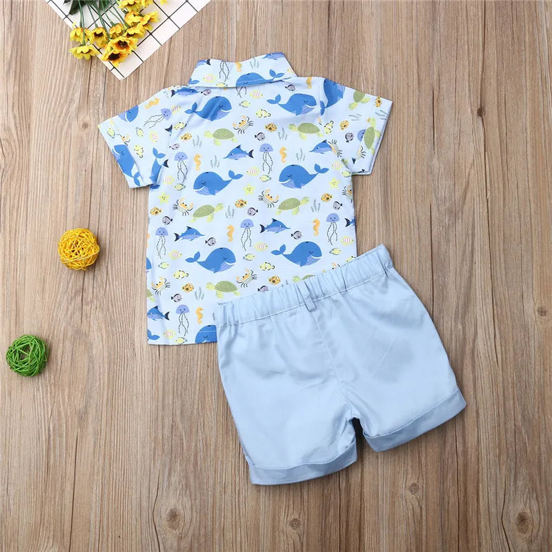 Boys' Ocean-Themed Clothing Set with Whale and Jellyfish Print Shirt and Blue Shorts, Ages 1-5